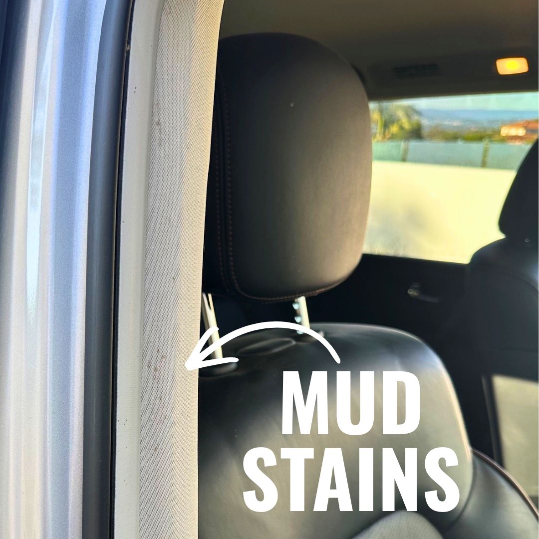 Mud stains in 4wd hood lining before using Cabin Fever