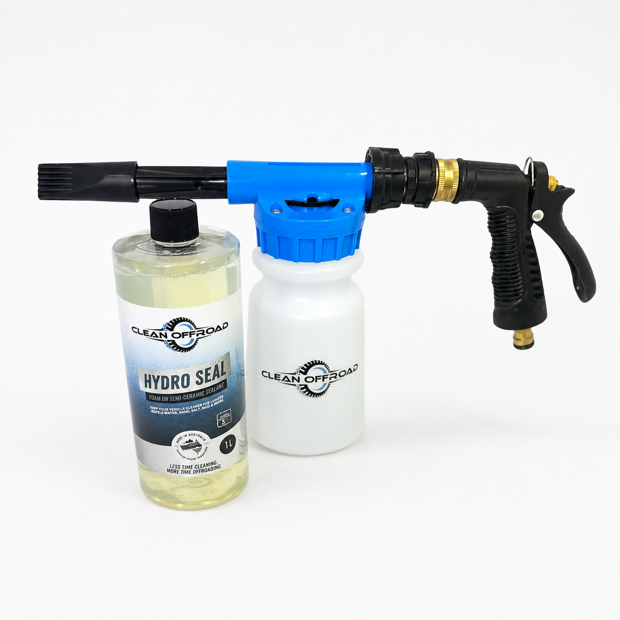 Foam cannon and Hydro Seal 1L with 'Clean Off Road' branding on a white background