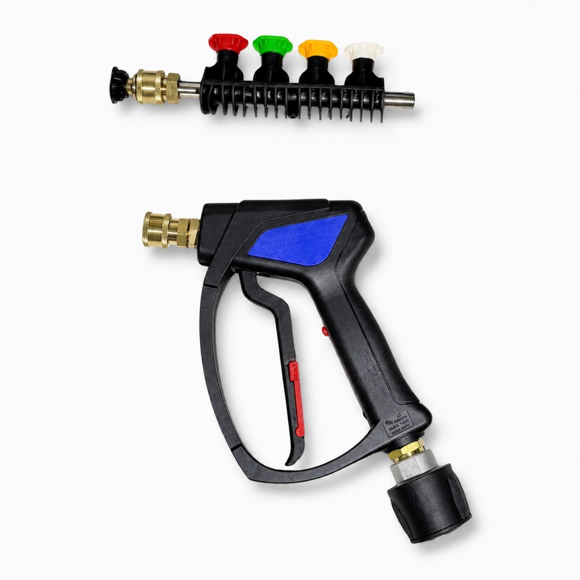 Pressure washer gun with interchangeable nozzles on a white background