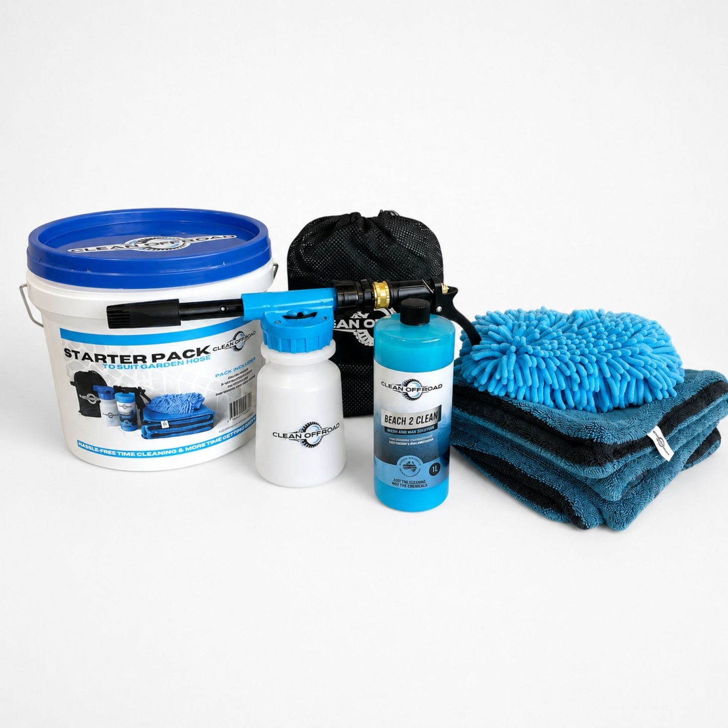 Clean Offroad Starter Pack with Foam Gun, Beach 2 Clean, wash mitt and drying towel – complete garden hose 4WD cleaning kit