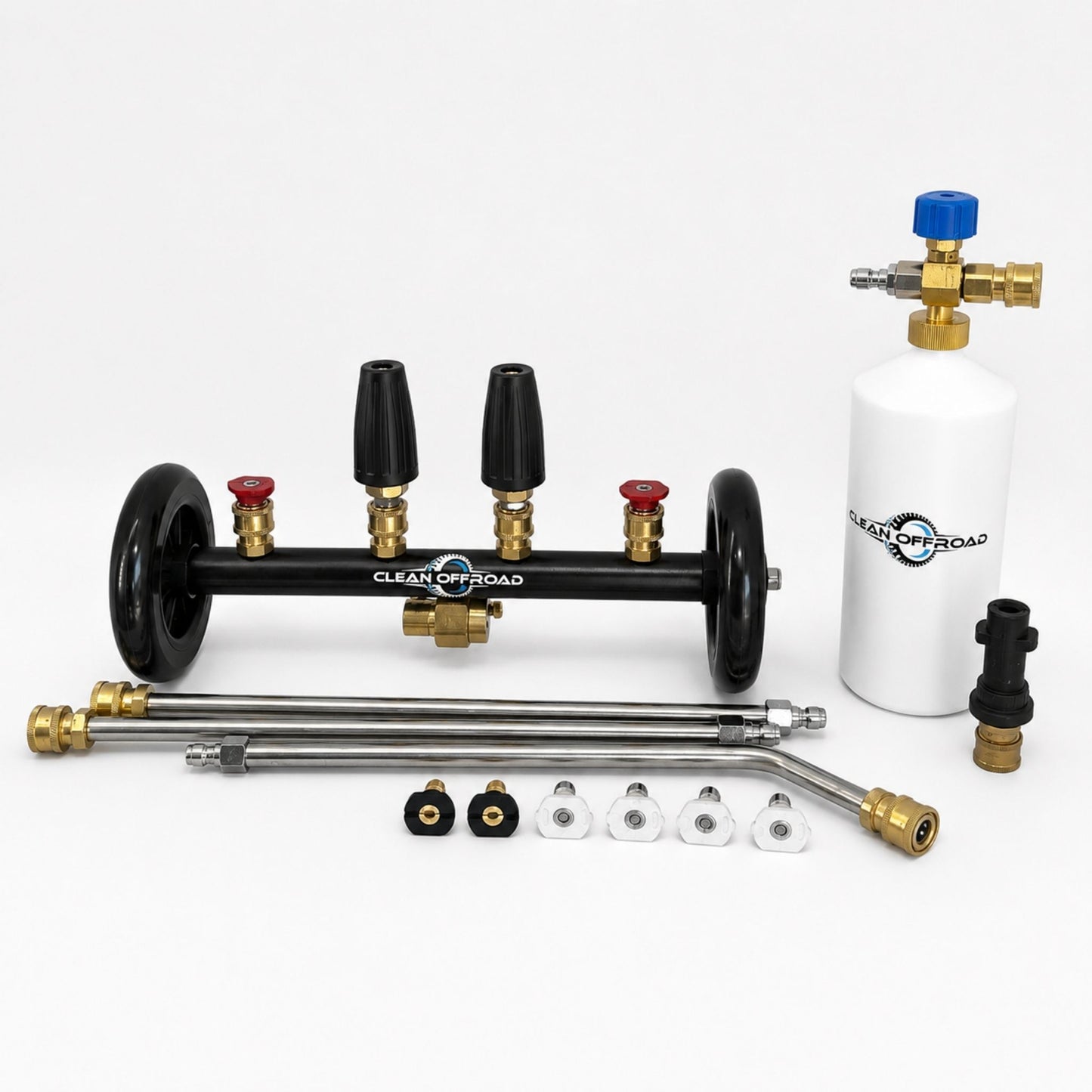 Interchangable jets underbody cleaner with soap canister