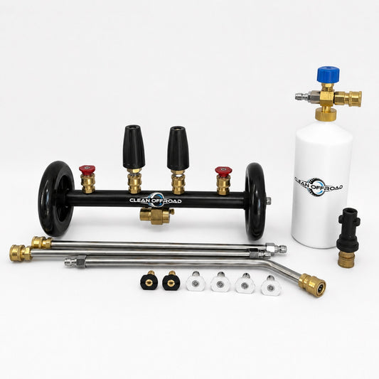 Interchangable jets underbody cleaner with soap canister