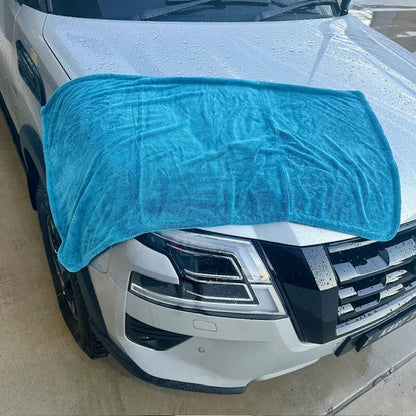 Top-down view of Titan Towel on a 4WD bonnet, highlighting its massive size and plush 1200gsm microfibre